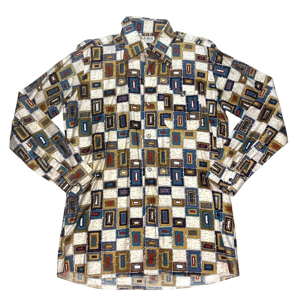 Le Roi Shirt Mens Size 16 Multicolor Geometric Button LS Cotton Vintage England